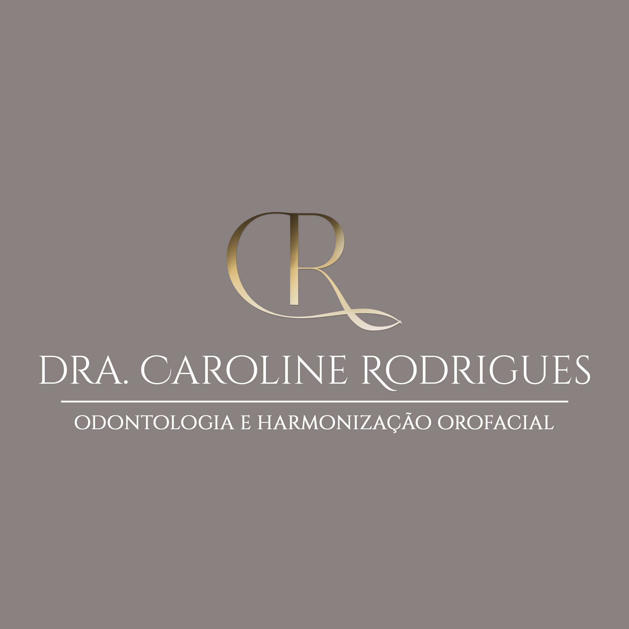Logotipo da Dra. Carolina Rodrigues, especialista em harmonização facial, com design elegante em cinza e dourado.