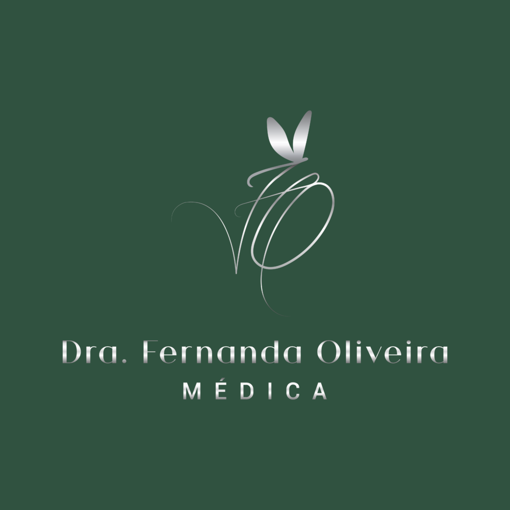 Logotipo da Dra. Fernanda Oliveira, médica, com uma libélula, em verde com escrita em prata.
