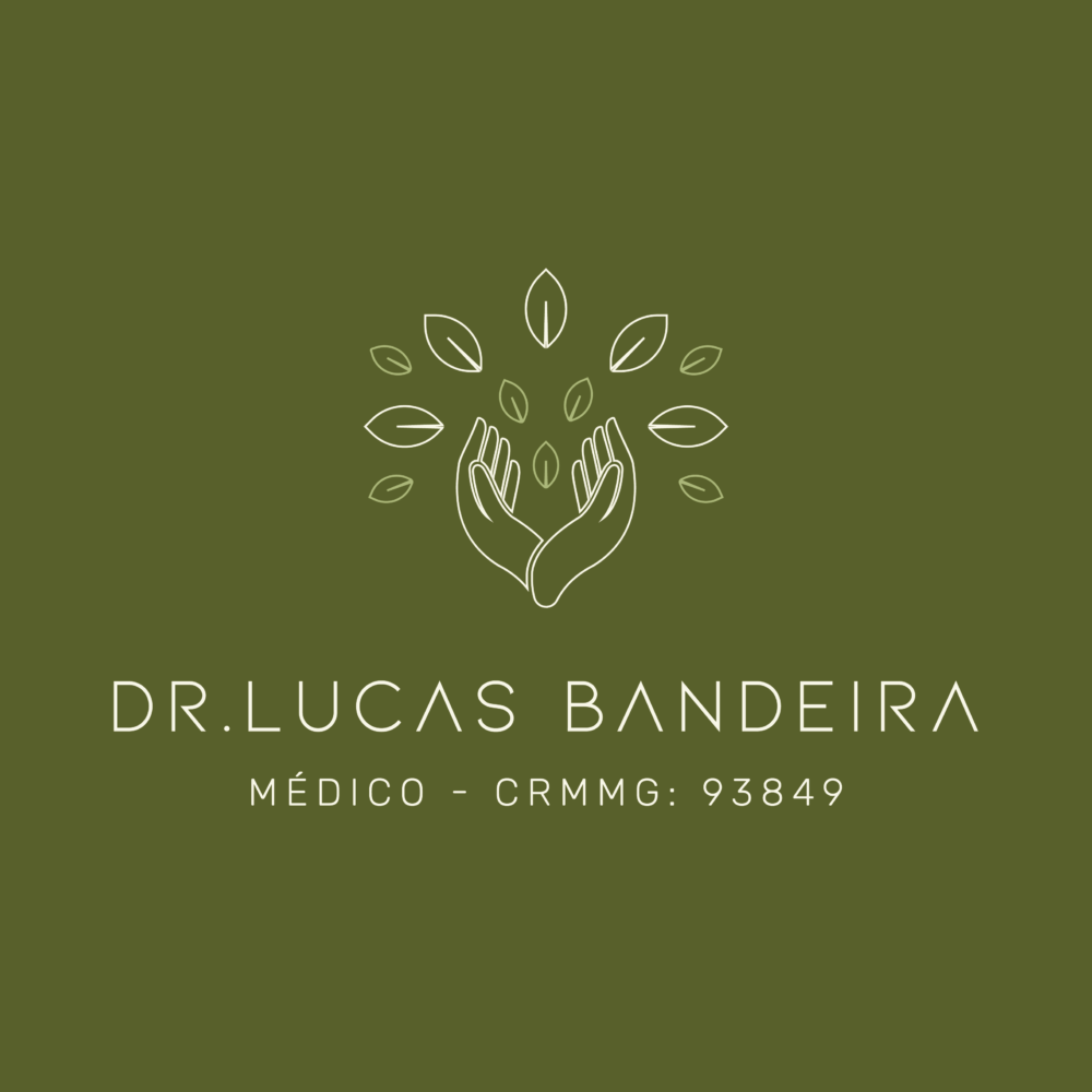 Logotipo do Dr. Lucas Bandeira, médico geriatra, com design de árvore e mãos representando cuidado e saúde.