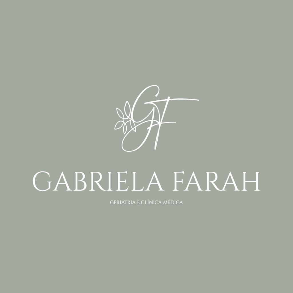 Logotipo da Dra. Gabriela Farah, médica geriatra, com design de suas iniciais de unindo a raminhos de folhas, representando cuidado e saúde.