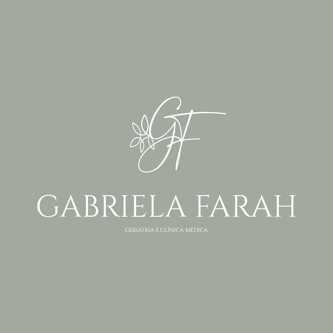 Logotipo da Dra. Gabriela Farah, médica geriatra, com design de suas iniciais de unindo a raminhos de folhas, representando cuidado e saúde.