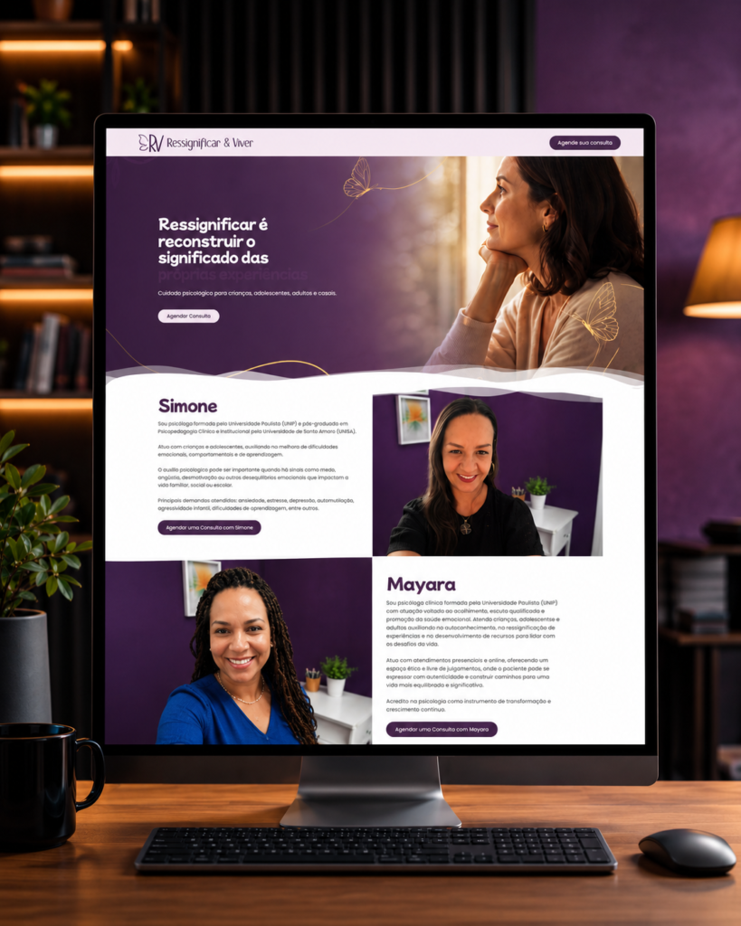 Mockup em monitor de computador exibindo a página principal do site Ressignificar & Viver, criado pela Agencia azzy - marketing para medicos. O site apresenta tons de roxo elegante e lilás, com o título 'Ressignificar é reconstruir o significado das próprias experiências', imagens de uma mulher pensativa e os perfis das profissionais Simone e Mayara com suas descrições e botões de agendamento de consulta. O computador está posicionado sobre uma mesa de madeira com teclado, mouse, caneca preta e uma estante iluminada ao fundo.