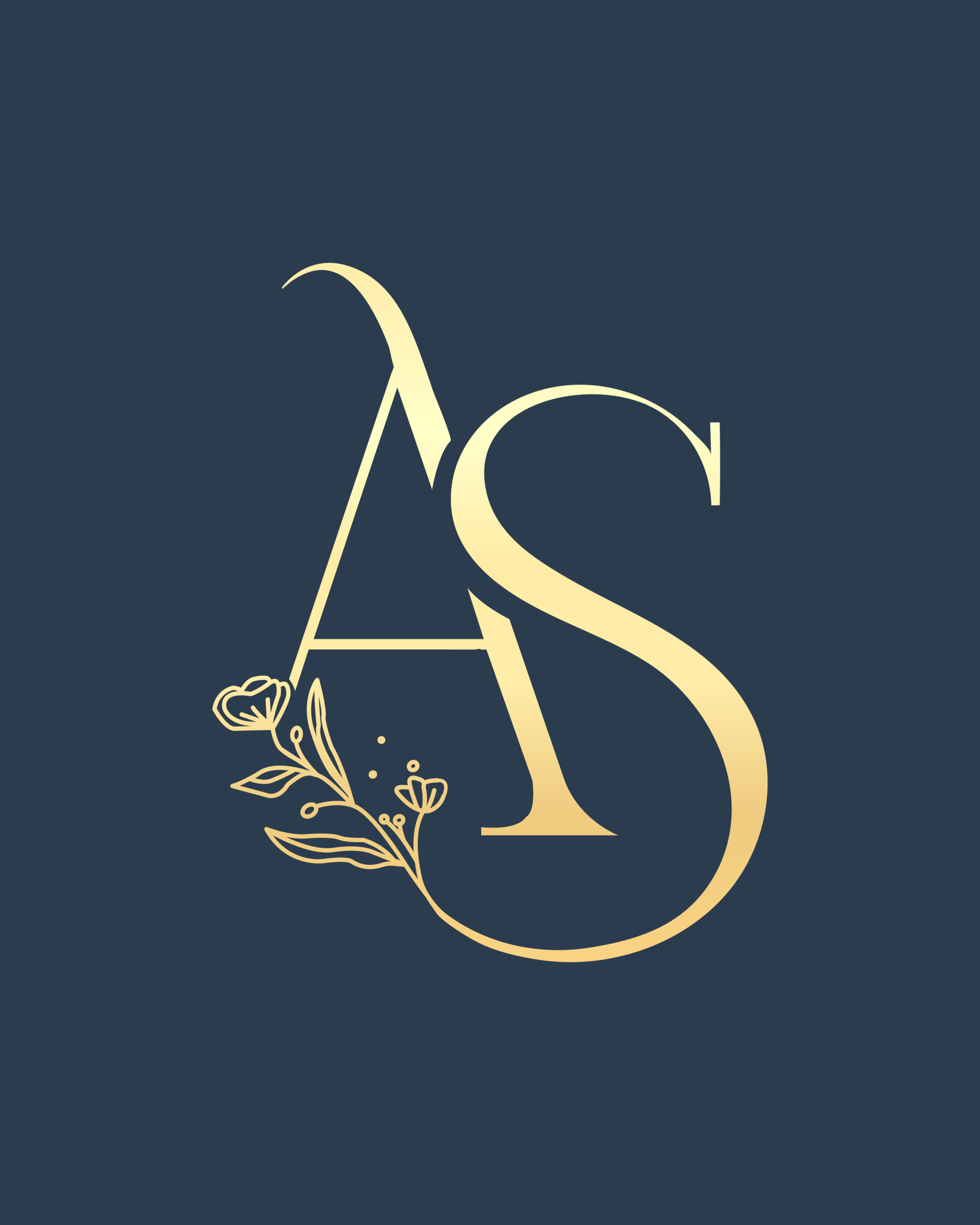 Logotipo em monograma sofisticado com as letras 'A' e 'S' entrelaçadas em tom dourado com gradiente metálico e ramos florais delicados, centralizado sobre fundo azul-marinho escuro, desenvolvido pela Agencia Azzy - marketing para médicos, psicólogos e dentistas.