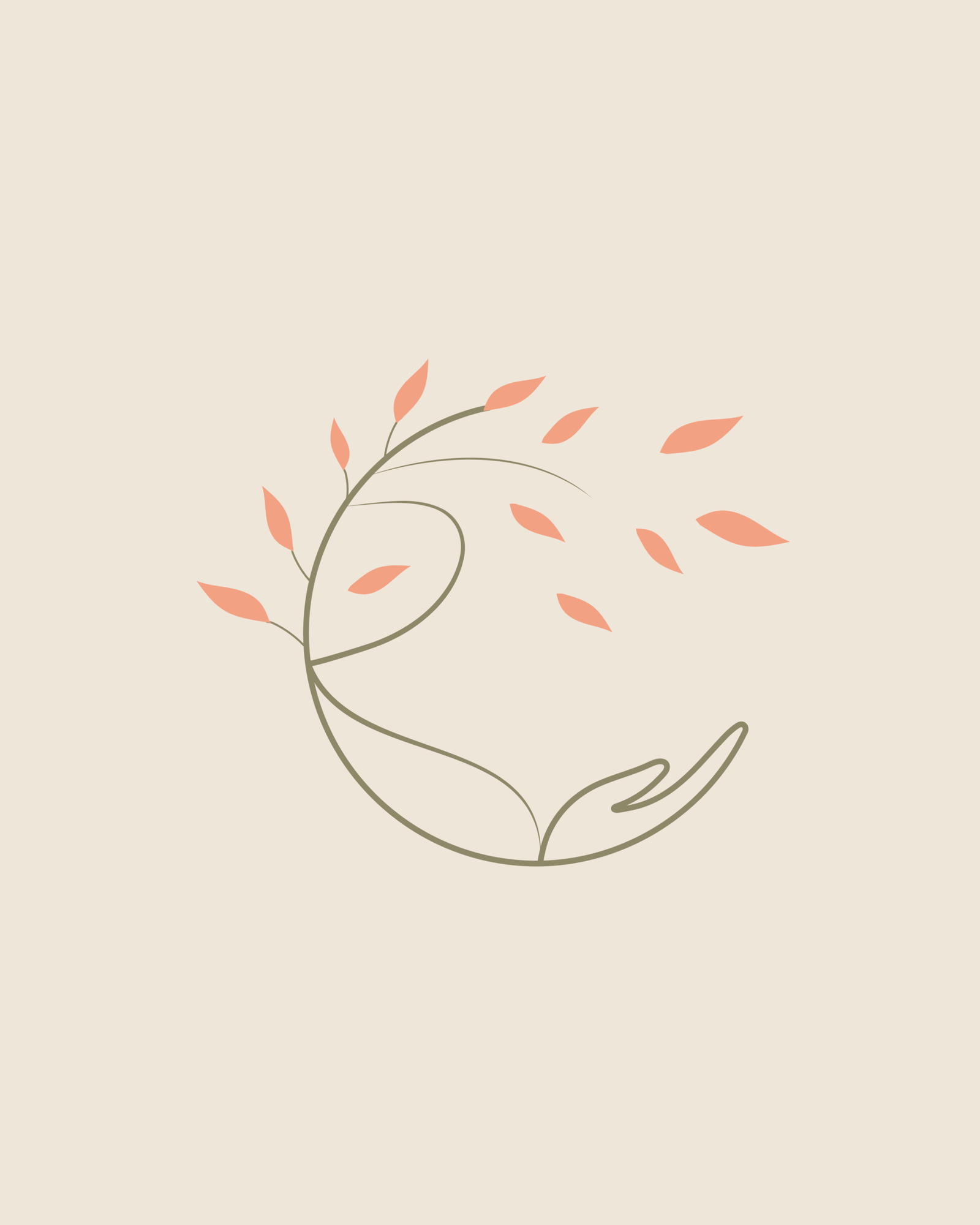 Símbolo gráfico circular e orgânico composto pelo contorno em linha fina de uma mão acolhedora que se desdobra em ramos e folhas delicadas em tom salmão/terracota, centralizado sobre um fundo creme/bege suave, desenvolvido pela Agencia Azzy - marketing para médicos, psicólogos e dentistas.