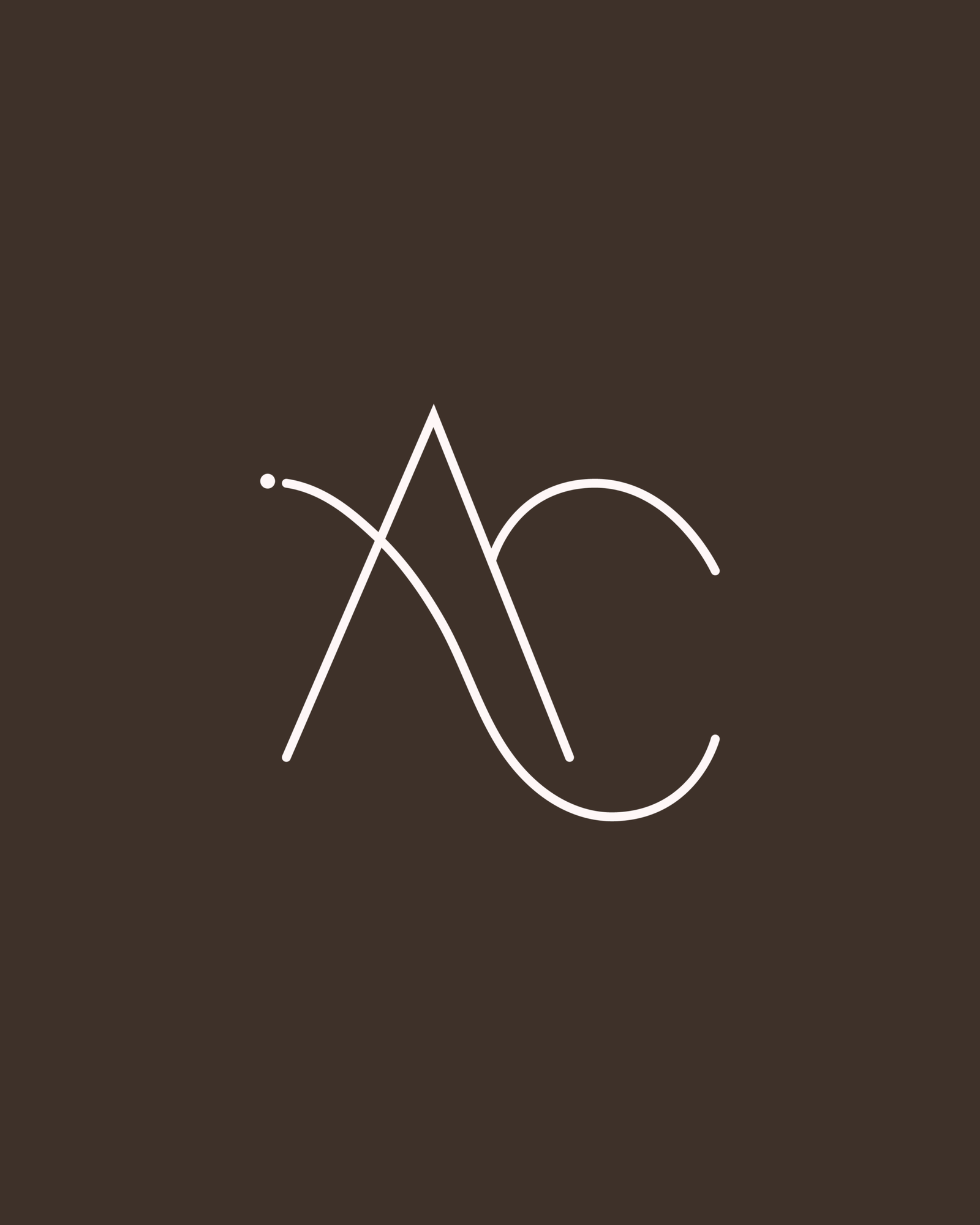 Monograma minimalista com as letras 'A' e 'C' entrelaçadas em linhas finas na cor bege/off-white, centralizado sobre um fundo marrom-café escuro e elegante, desenvolvido pela Agencia Azzy - marketing para médicos, psicólogos e dentistas.