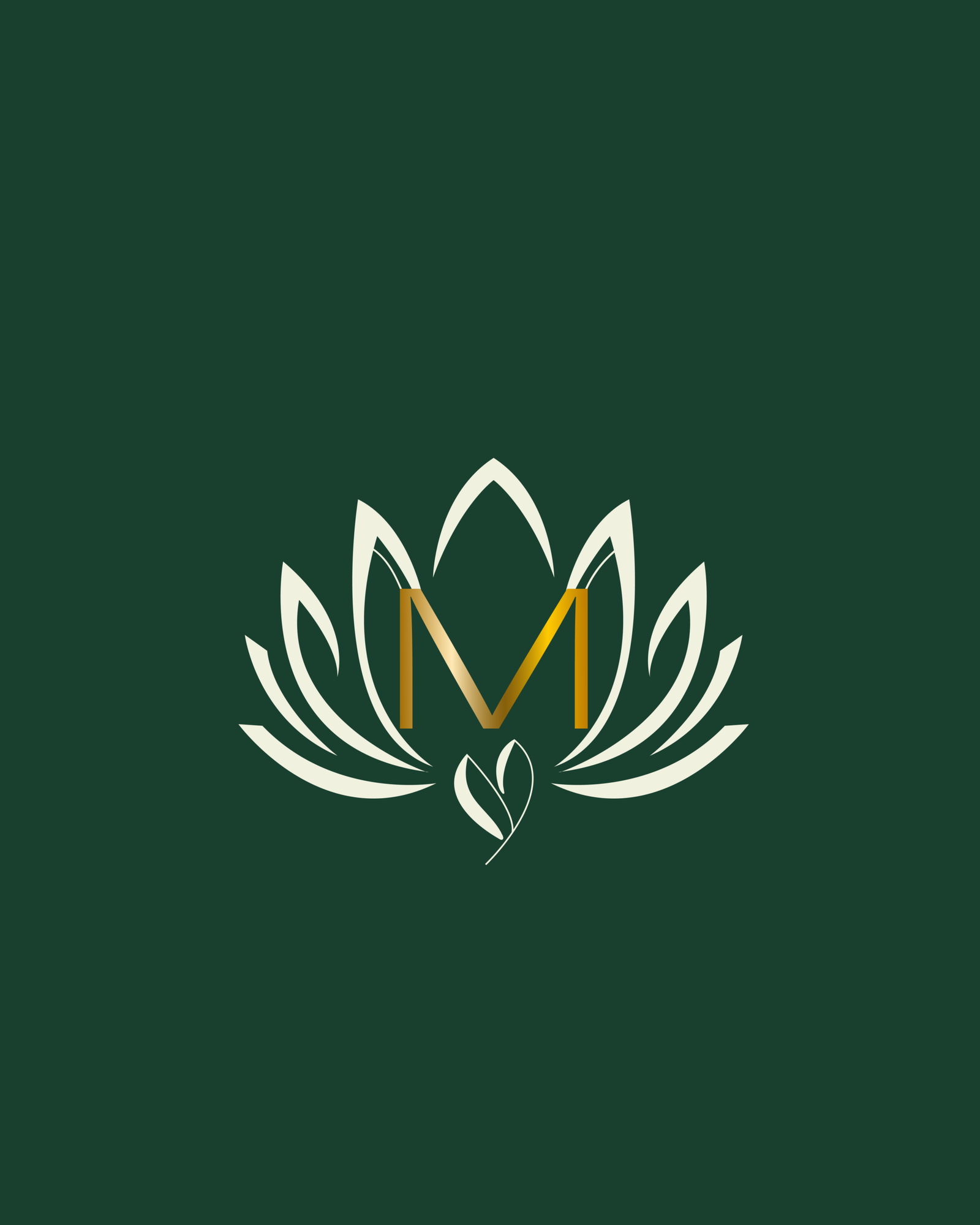 Símbolo gráfico em formato de flor de lótus estilizada em linhas creme/brancas com a letra 'M' em dourado ao centro e um pequeno coração na base, centralizado sobre um fundo verde-esmeralda/militar escuro, desenvolvido pela Agencia Azzy - marketing para médicos, psicólogos e dentistas.