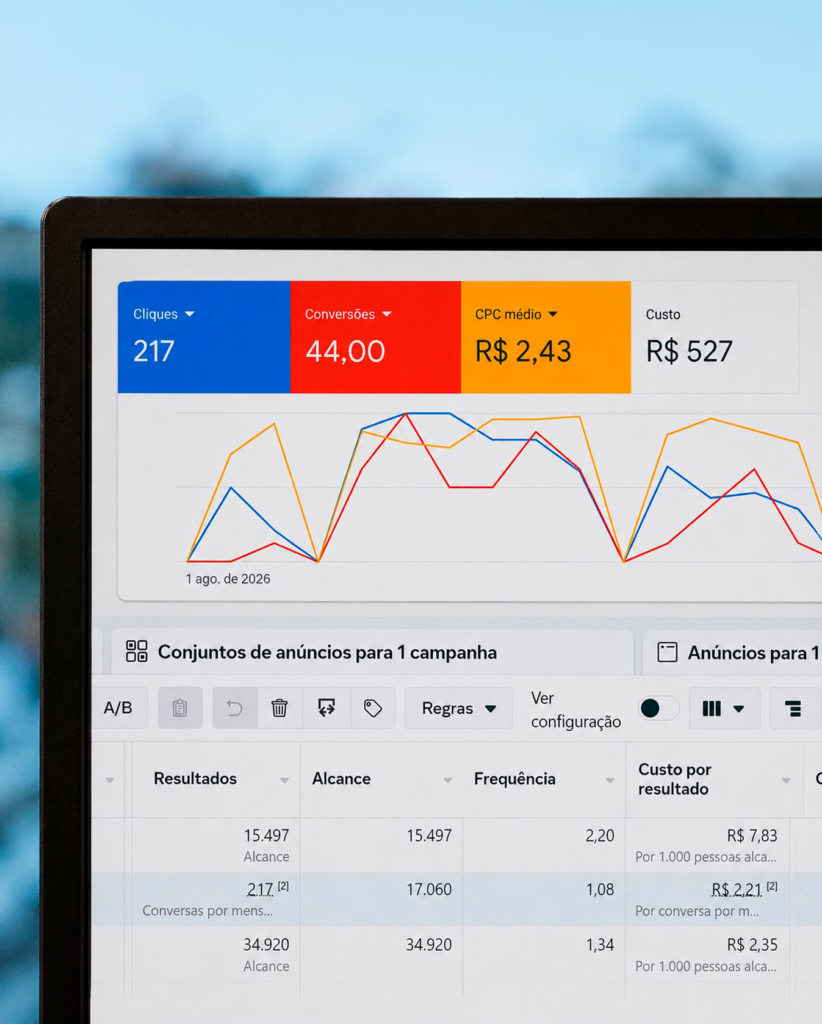 Painel de métricas de anúncios digitais da Agencia azzy - marketing para medicos exibindo um gráfico de desempenho e cartões coloridos com métricas de cliques (217), conversões (44,00), CPC médio (R$ 2,43) e custo total (R$ 527).