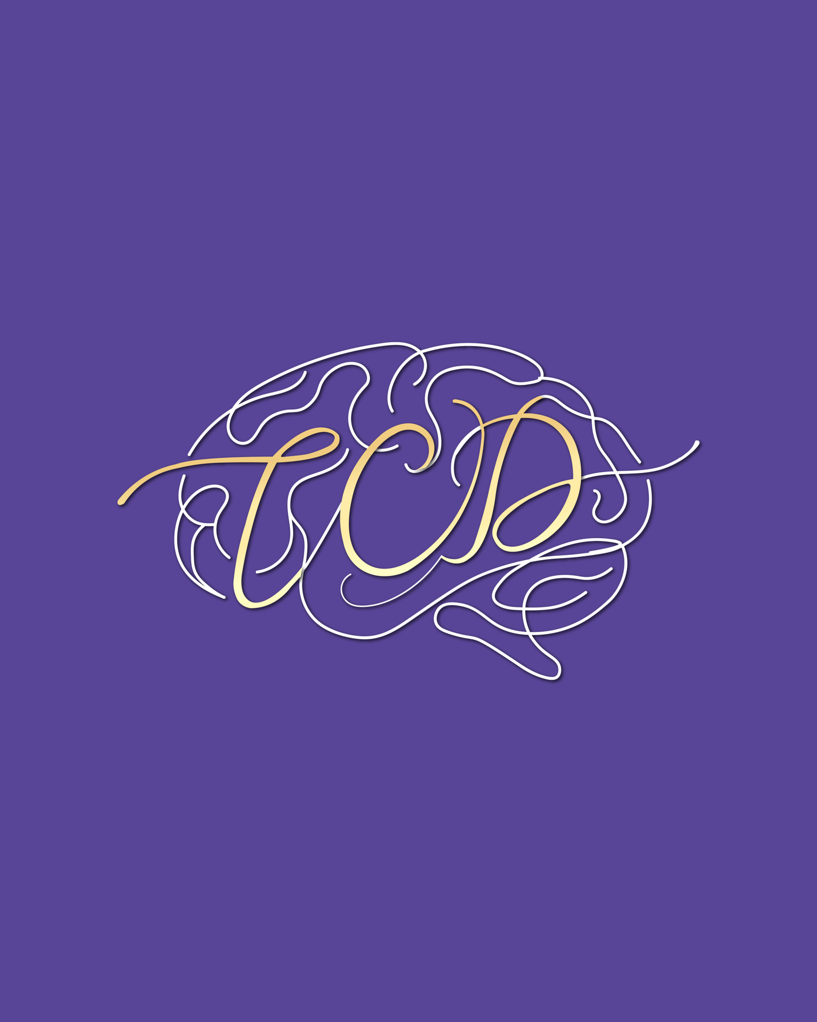 Logotipo sofisticado em tom dourado com a sigla 'TCC' em caligrafia cursiva elegante sobreposta à ilustração em linha fina e detalhada do contorno de um cérebro humano, centralizado sobre um fundo roxo/violeta escuro e marcante, desenvolvido pela Agencia Azzy - marketing para médicos, psicólogos e dentistas.