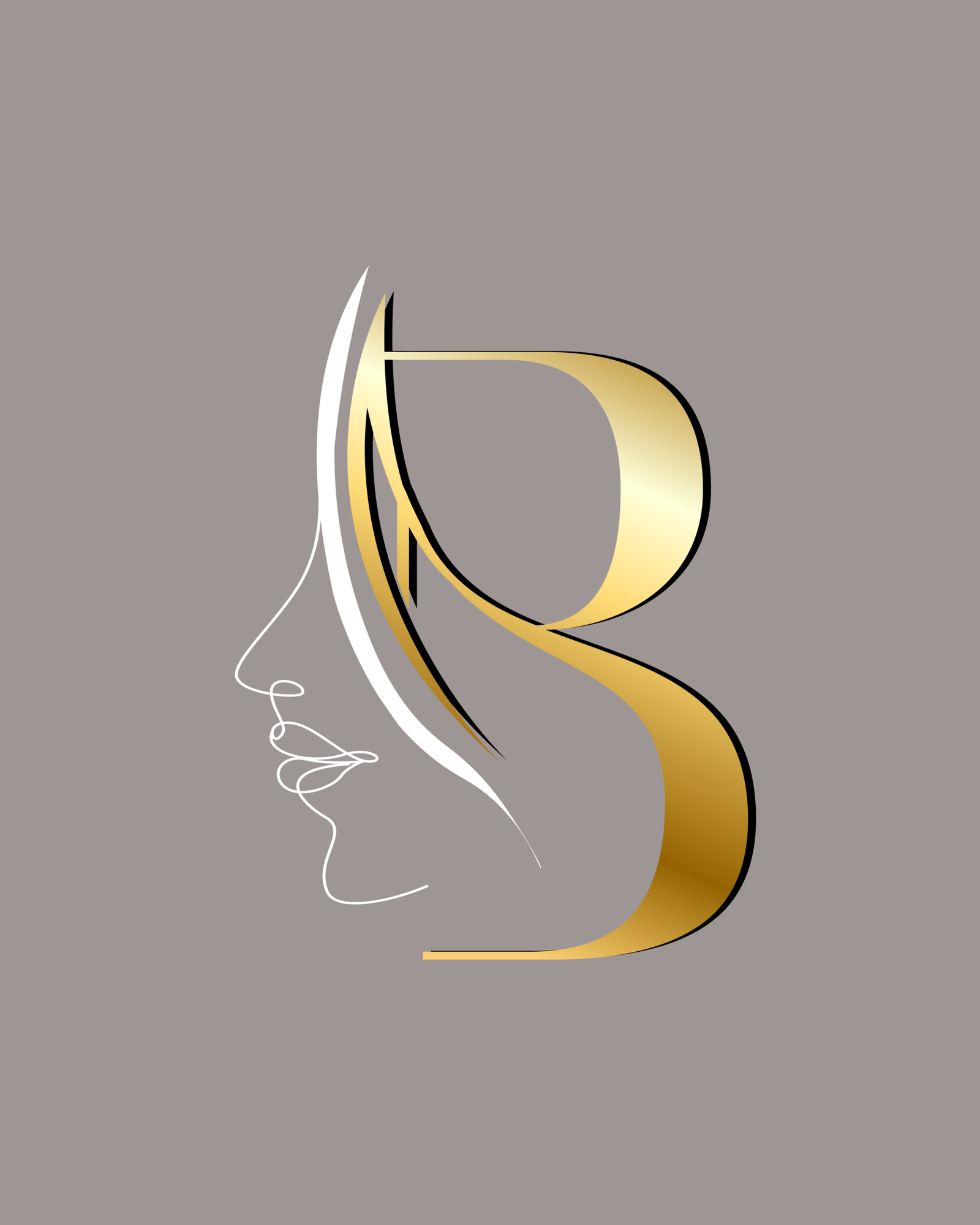 Logotipo refinado e elegante com a letra 'B' em dourado metálico tridimensional integrada ao perfil de um rosto feminino em traço fino branco, centralizado sobre um fundo fendi/taupe neutro e sofisticado, desenvolvido pela Agencia Azzy - marketing para médicos, psicólogos e dentistas.