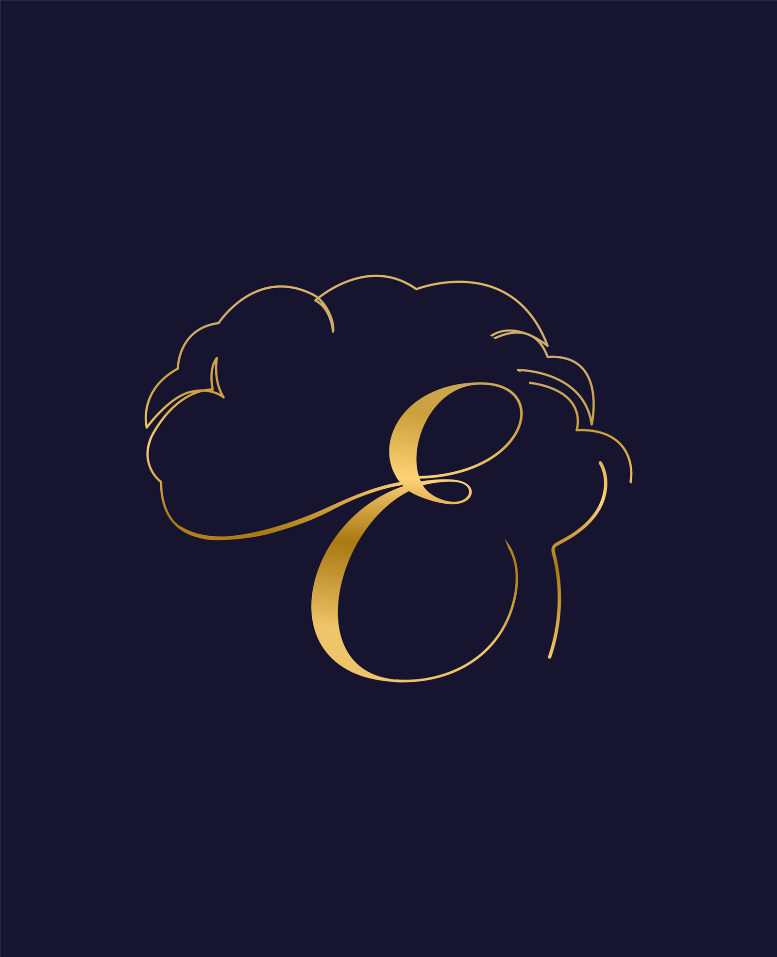 Logotipo sofisticado em tom dourado metálico com a letra 'E' em caligrafia cursiva sobreposta à ilustração em linha fina do contorno de um cérebro, centralizado sobre um fundo azul-marinho escuro e nobre, desenvolvido pela Agencia Azzy - marketing para médicos, psicólogos e dentistas.