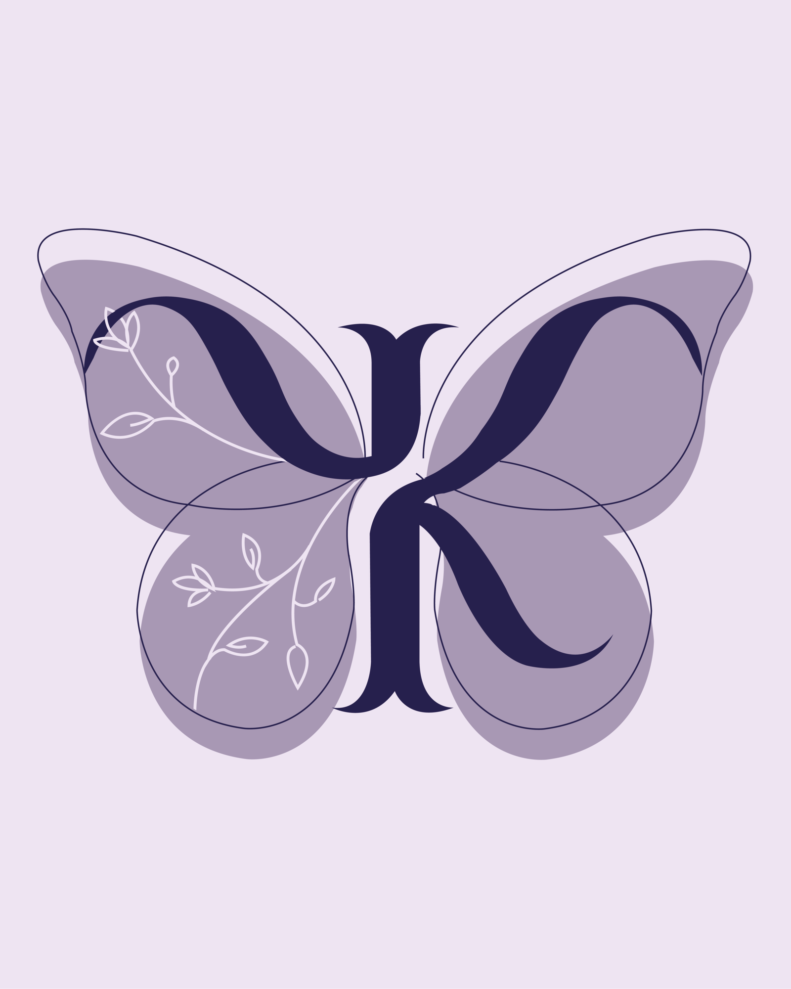 Logotipo e monograma elegante em tom roxo-escuro com a letra 'K' e o símbolo da psicologia (Psi) integrados, sobrepostos à ilustração fluida de uma borboleta lilás com detalhes botânicos, centralizado em fundo lavanda/lilás-claro, desenvolvido pela Agencia Azzy - marketing para médicos, psicólogos e dentistas.