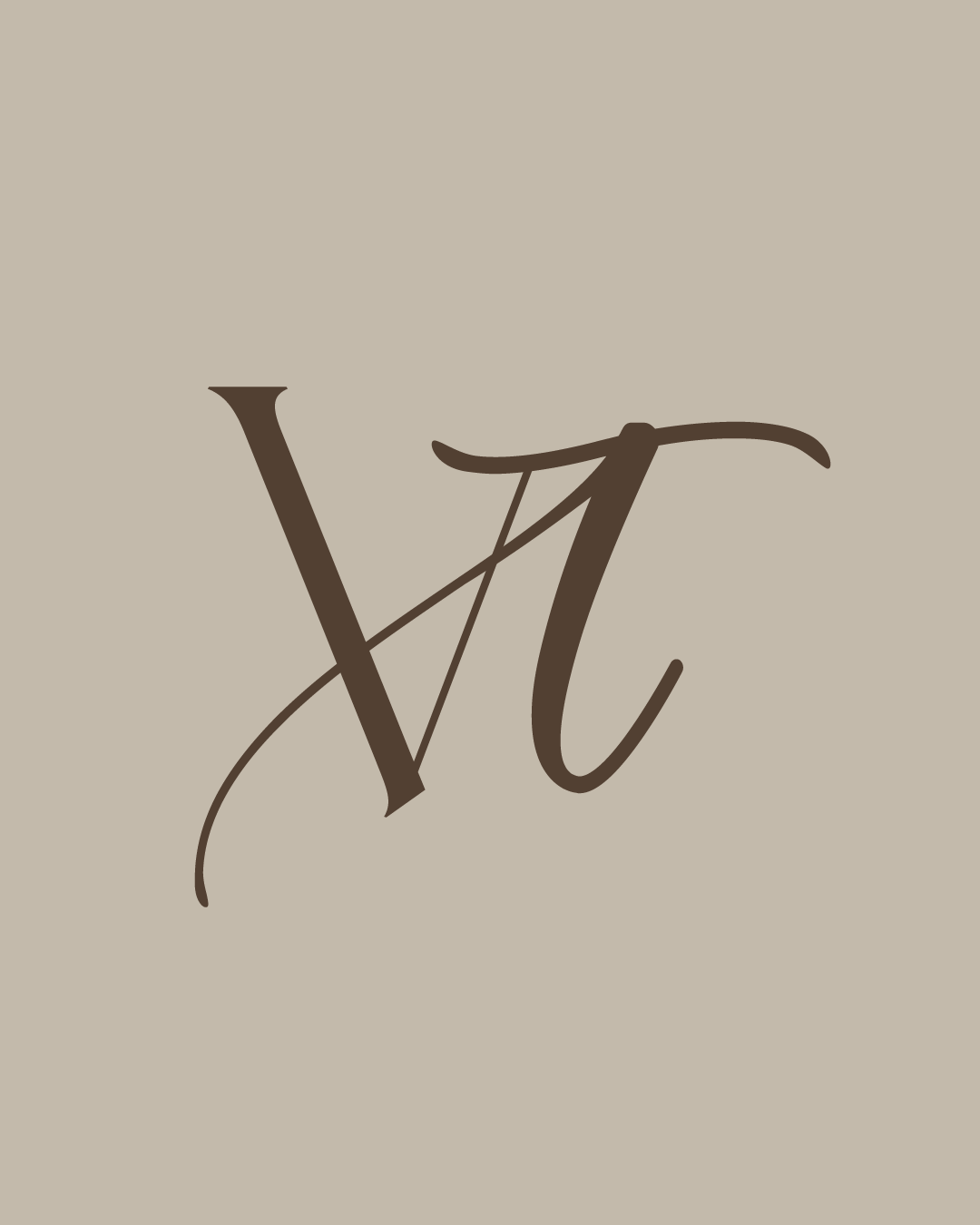 Monograma sofisticado e elegante com as letras 'V' e 'T' entrelaçadas em tom marrom-cacau/café, centralizado sobre um fundo bege/fendi neutro e minimalista, desenvolvido pela Agencia Azzy - marketing para médicos, psicólogos e dentistas.