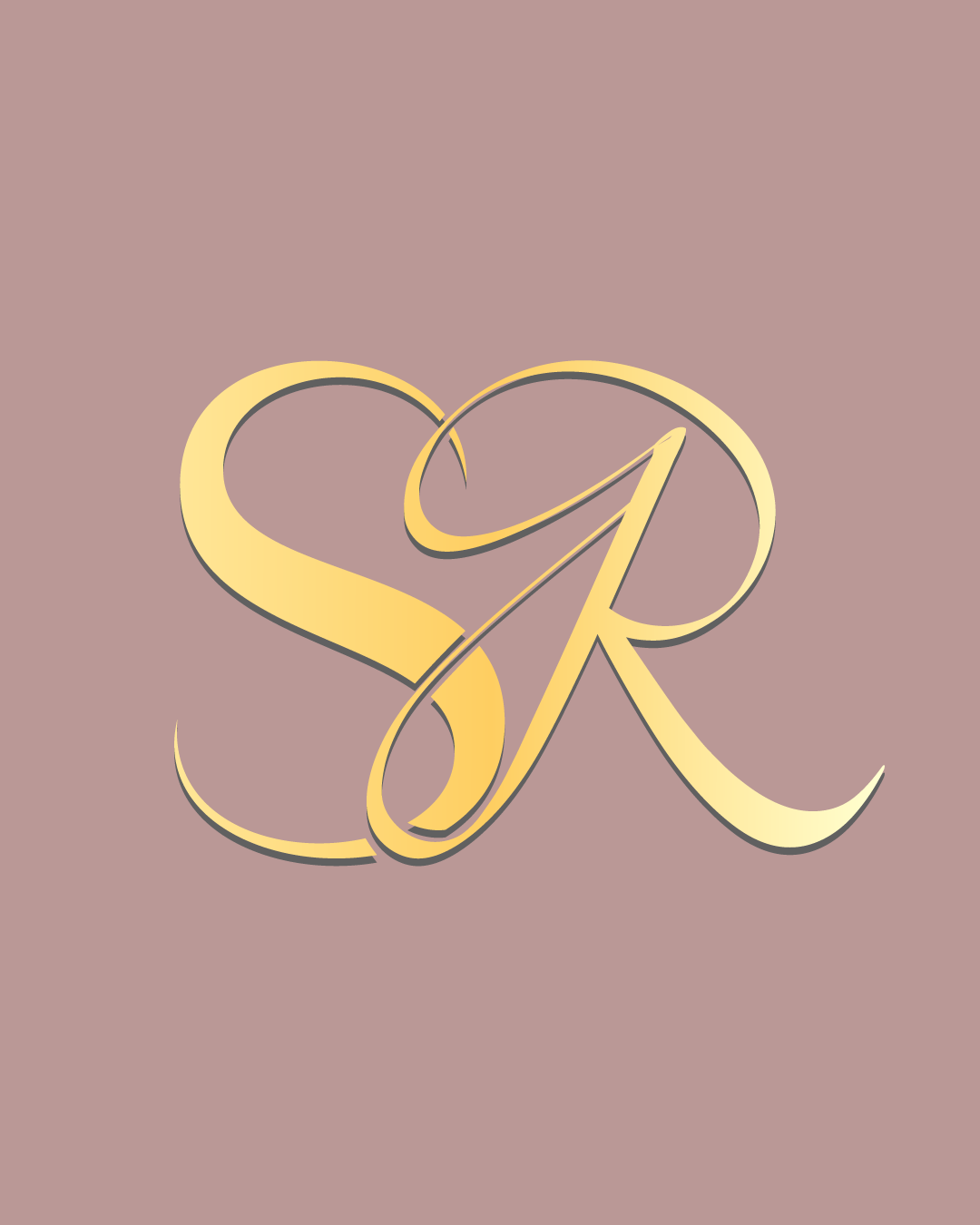 Monograma fluido e elegante com as letras 'S' e 'R' entrelaçadas em tom dourado metálico com efeito gradiente, centralizado sobre um fundo rosa-velho/rosé seco sofisticado, desenvolvido pela Agencia Azzy - marketing para médicos, psicólogos e dentistas.