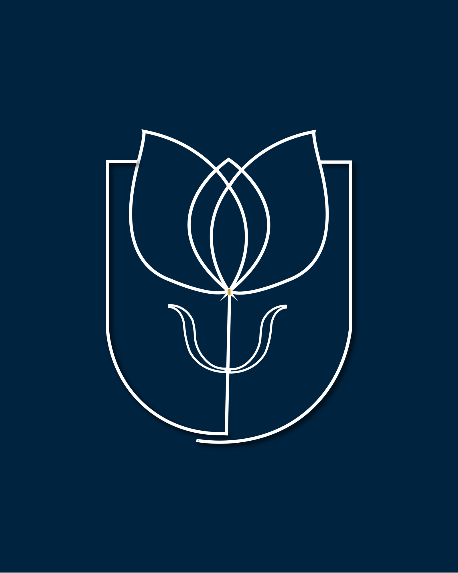 Símbolo gráfico em linhas finas na cor prata/branca, composto pelo desenho geométrico e minimalista de uma flor ou tulipa integrada ao símbolo da psicologia (Psi) dentro de um brasão retangular arredondado, centralizado sobre um fundo azul-marinho escuro, desenvolvido pela Agencia Azzy - marketing para médicos, psicólogos e dentistas.