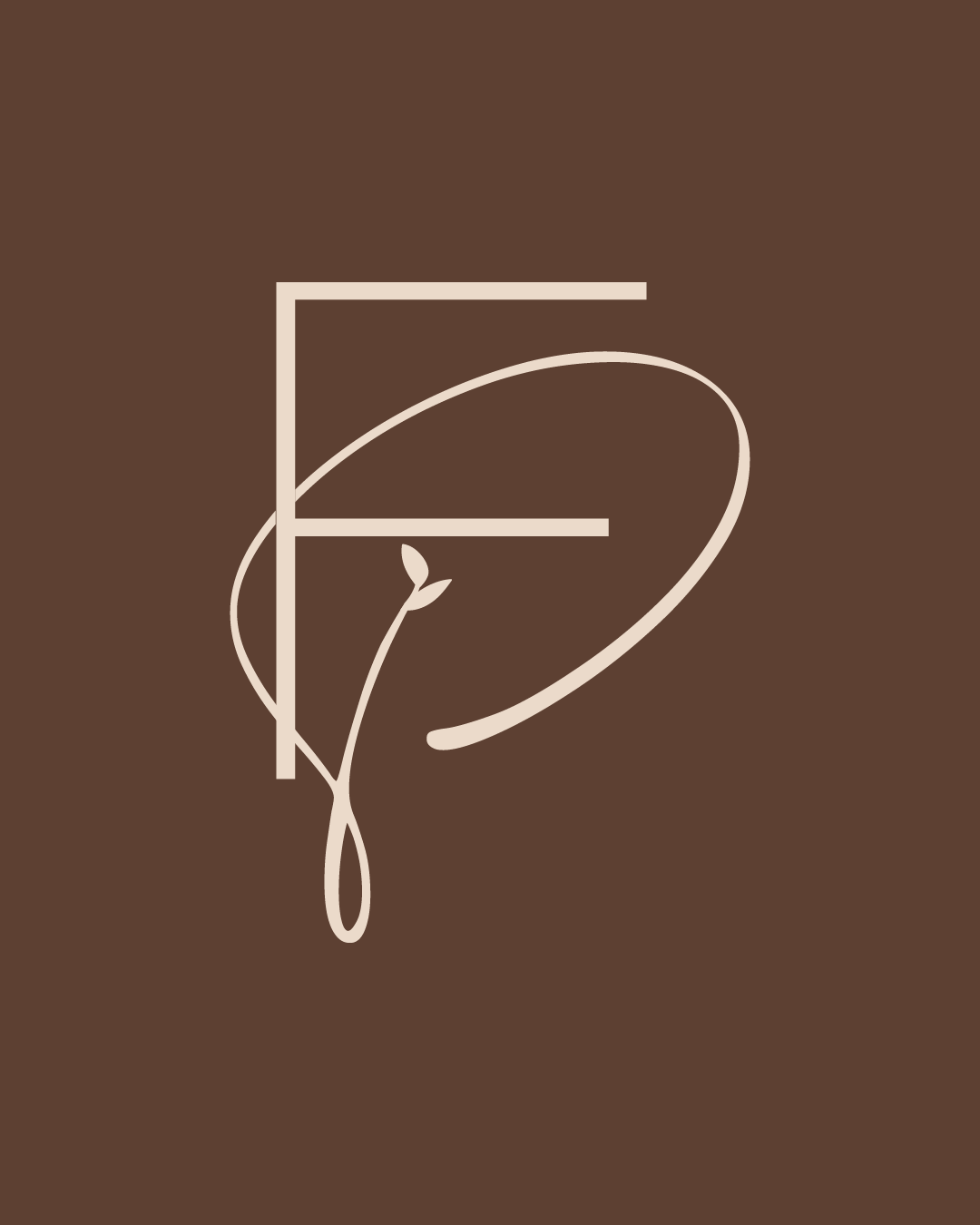 Monograma sofisticado e elegante em tom creme/bege com as letras 'F' e 'G' entrelaçadas em traços retos e caligrafia fluida com um ramo folhado, centralizado sobre um fundo marrom-chocolate escuro, desenvolvido pela Agencia Azzy - marketing para médicos, psicólogos e dentistas.
